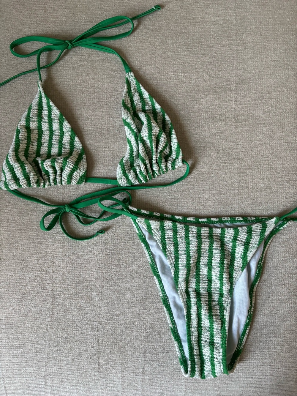 Green & White Striped Triangle Bikini Top and Bottom - Women Swim